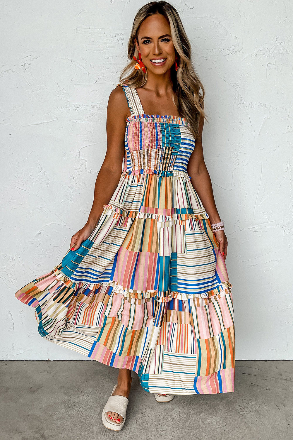 PRE ORDER 7/10/24 - Striped Wide Straps Smocked Tiered Maxi Dress