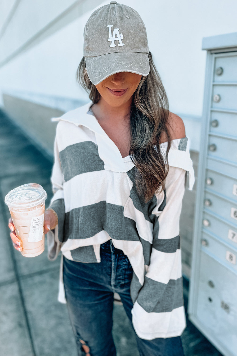 Stripe Oversized Collared Long Sleeve Top