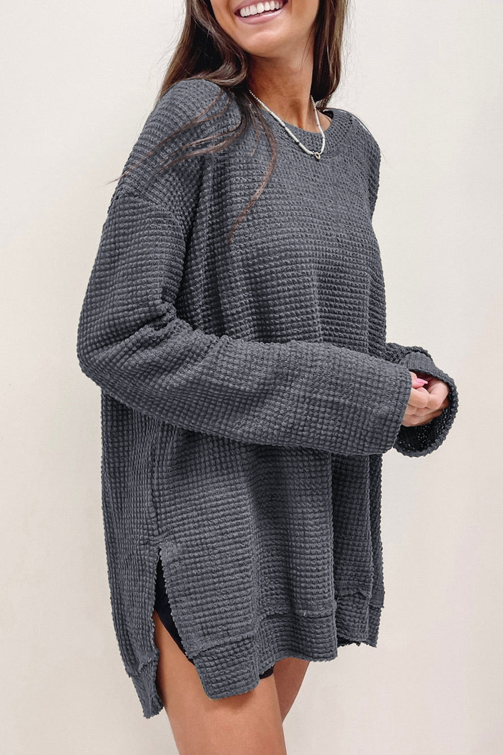 Black Waffle Knit High Slits Oversized Top