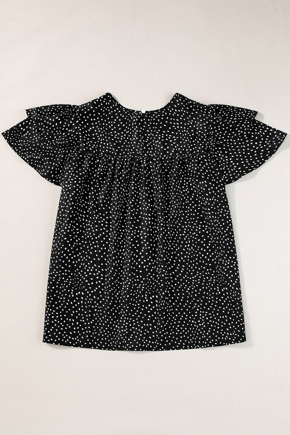 Black Dotted Ruffle Sleeve Crew Neck Ruched Blouse