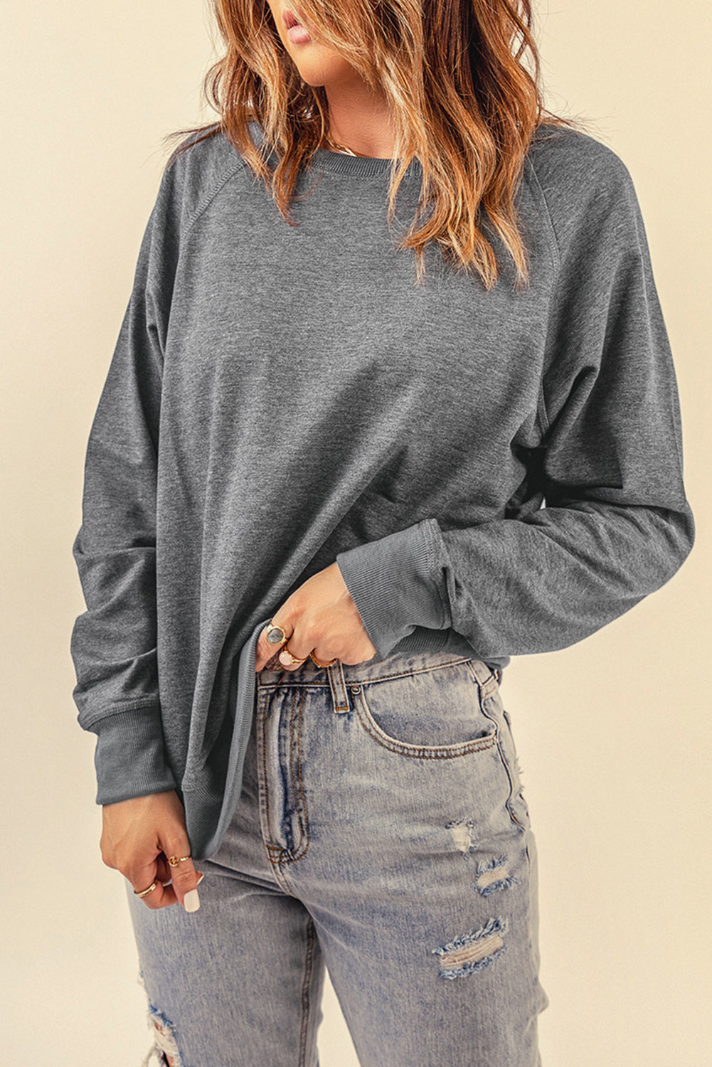 Gray French Terry Cotton Blend Pullover Sweatshirt