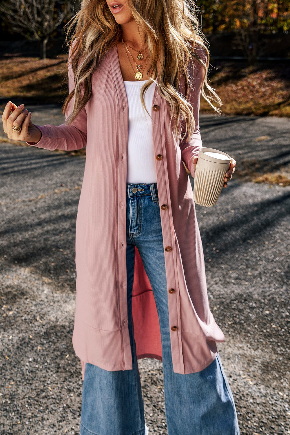 Pink Ribbed Button-Up Split Duster Cardigan