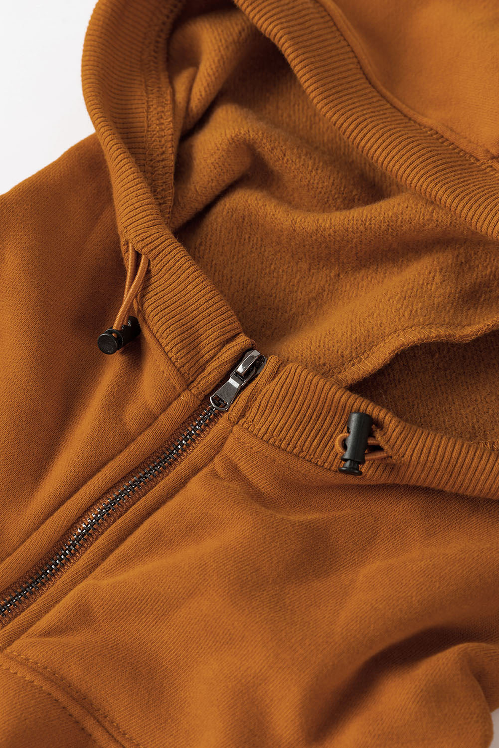 Beige Ribbed Trim Kangaroo Pocket Zipped Hoodie