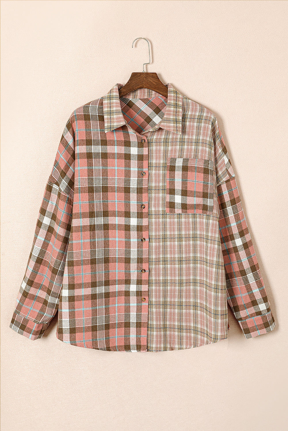 Pink Plus Size Color Block Plaid Long Sleeve Shirt with Pocket