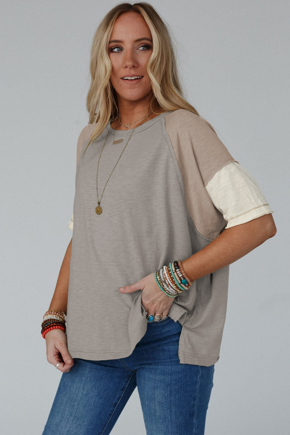 PRE ORDER 7/5/24 - Taupe Exposed Seam Colorblock Loose Tee