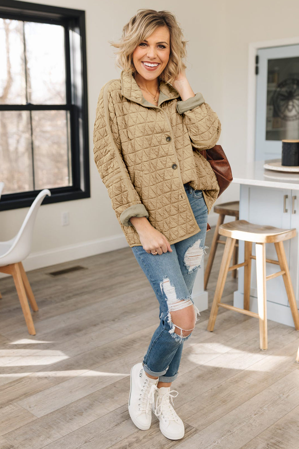 Khaki Quilted Button Front Funnel Neck Jacket