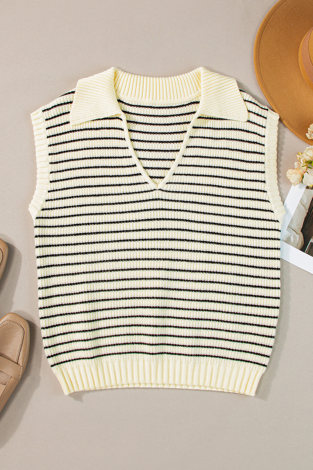 Black Stripe Turn-down V Neck Sweater Tank Top