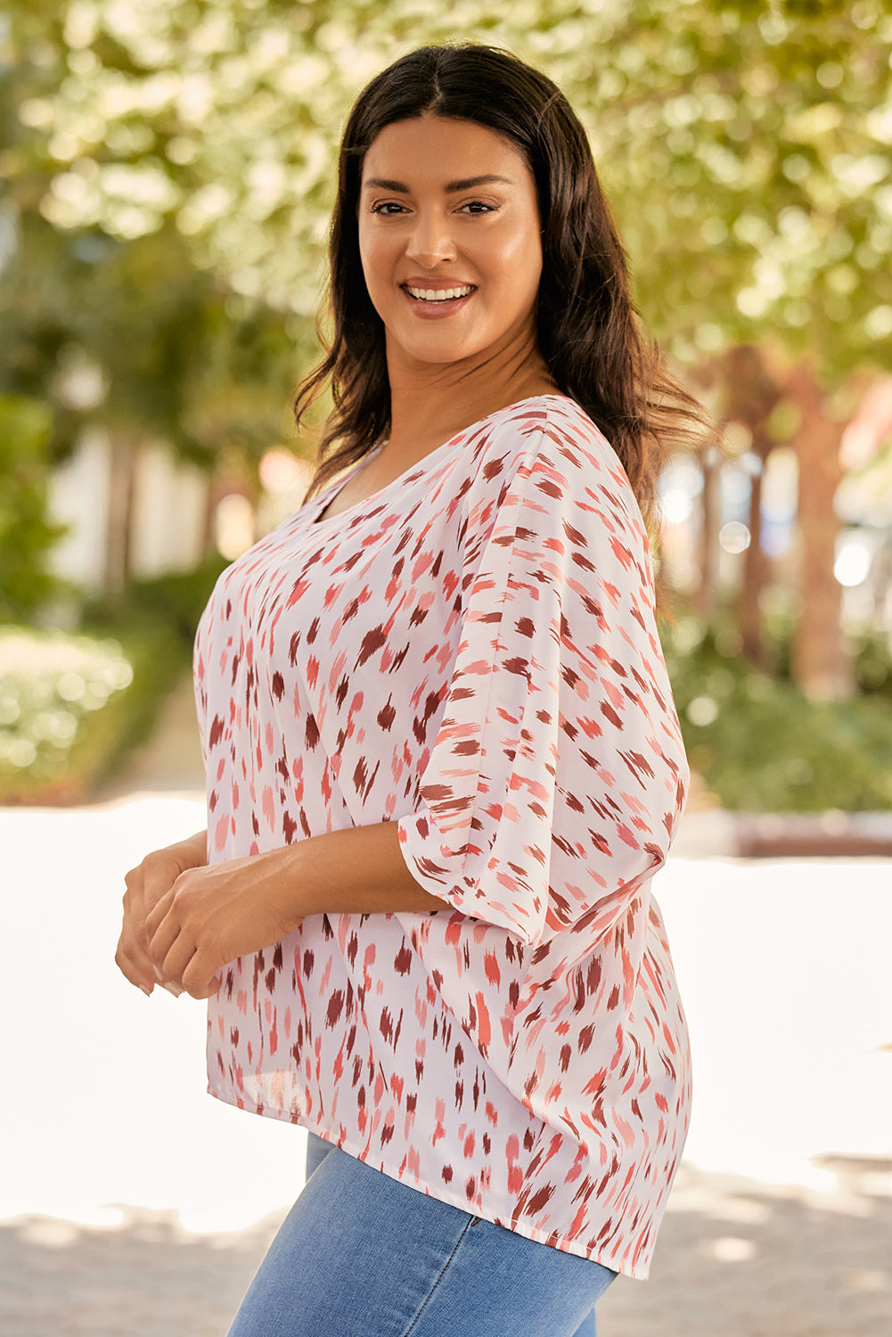 Sky Blue Printed Printed 3/4 Dolman Sleeve Plus Size Blouse