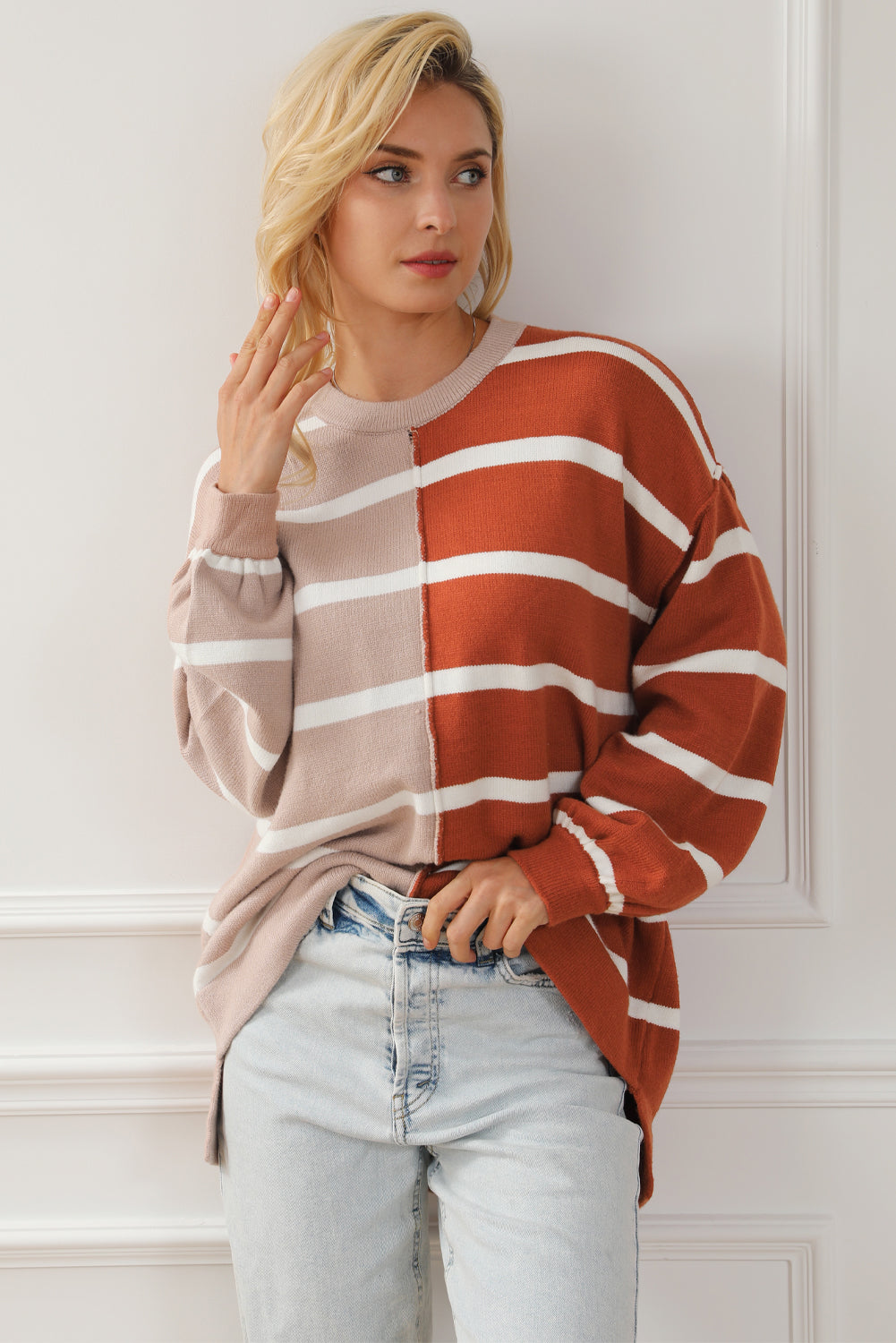 Stripe Oversized Contrast Printed Dropped Shoulder Top