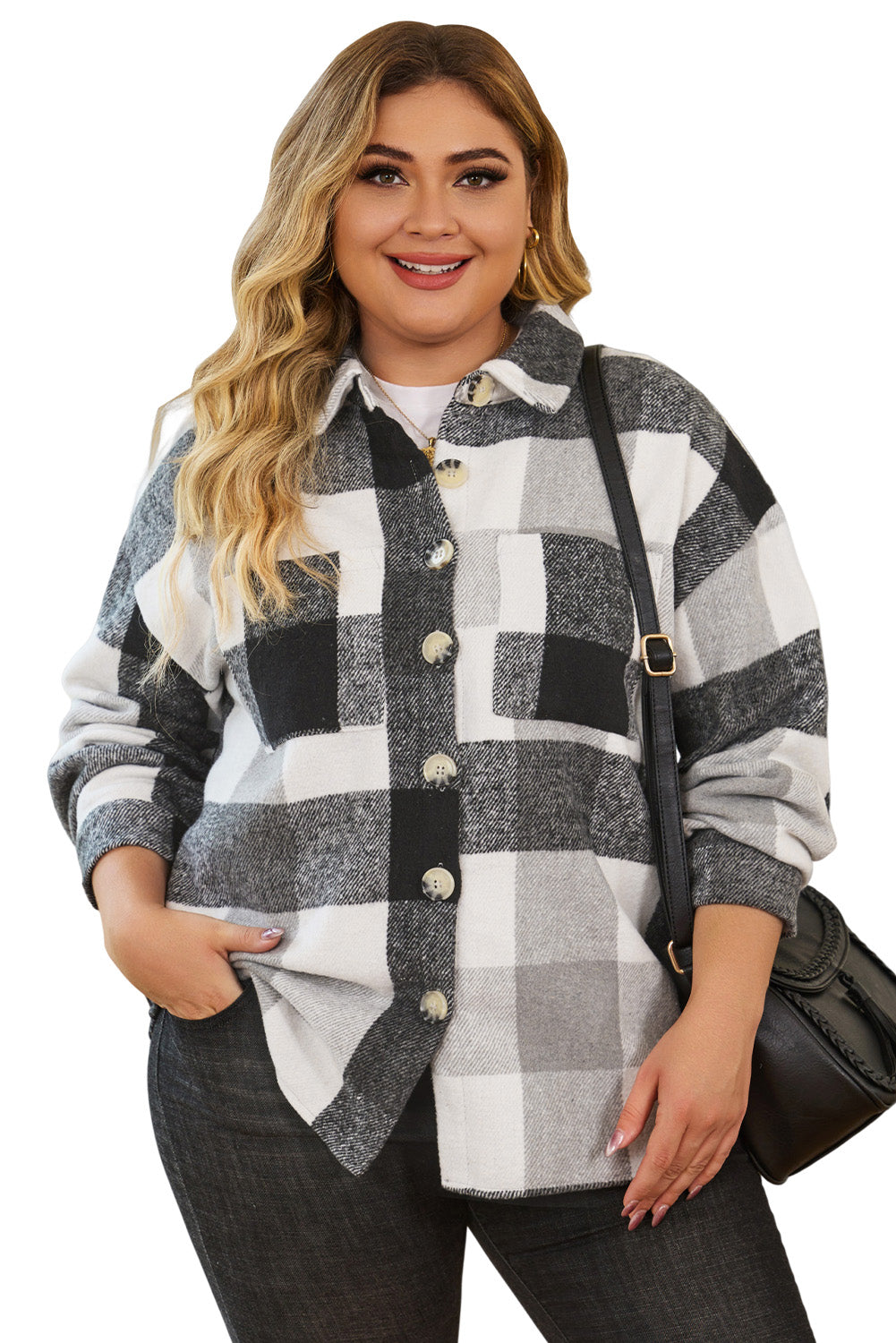 Gray Plus Size Checkered Button-Up Shacket