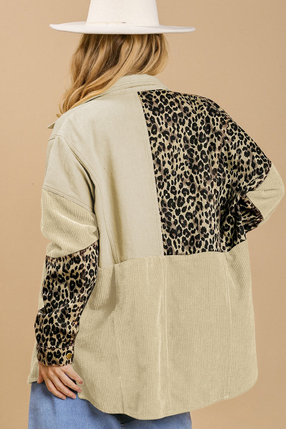 Beige Leopard Patchwork High Low Shirt Jacket