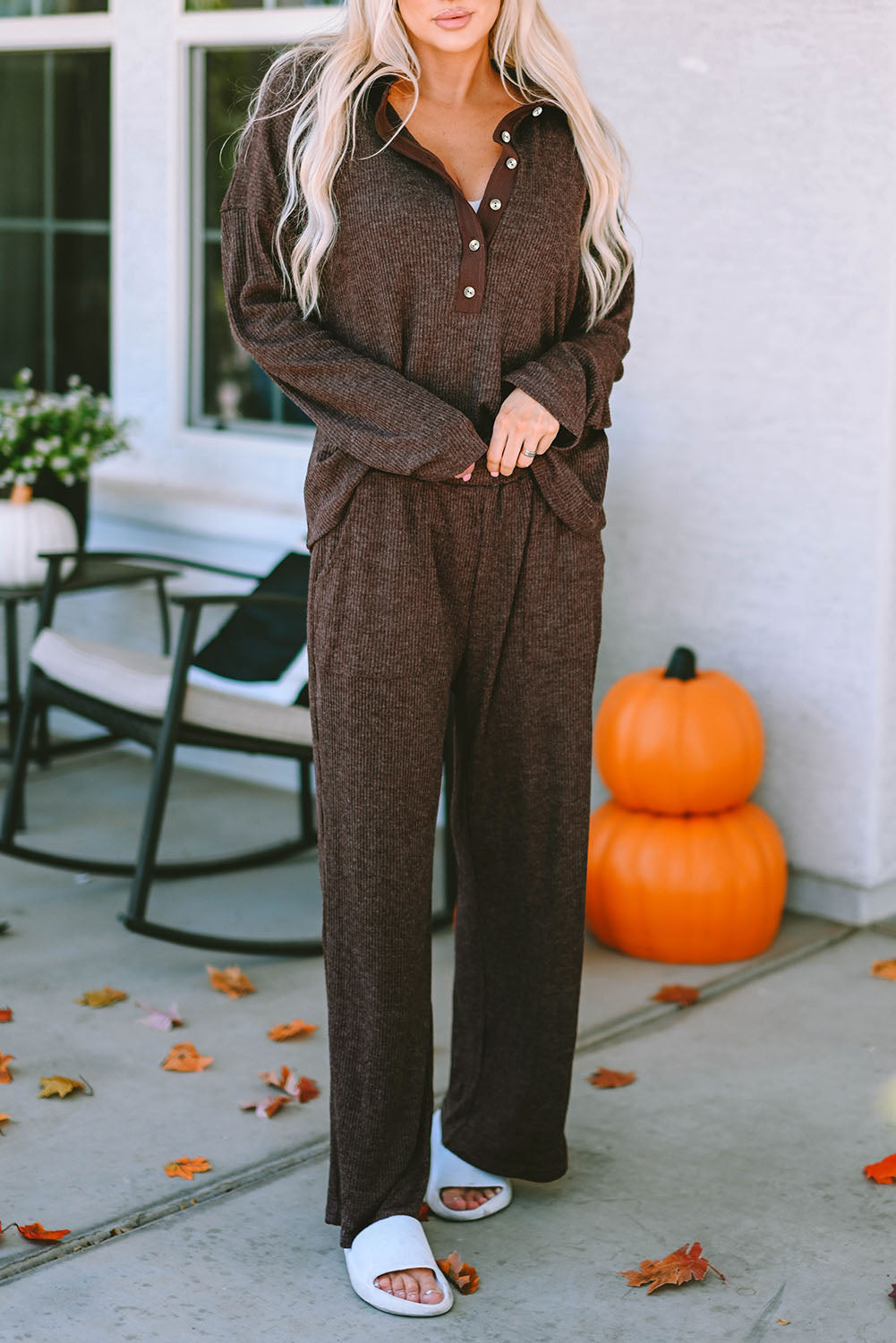 Pink Ribbed Knit Collared Henley Top and Pants Lounge Outfit