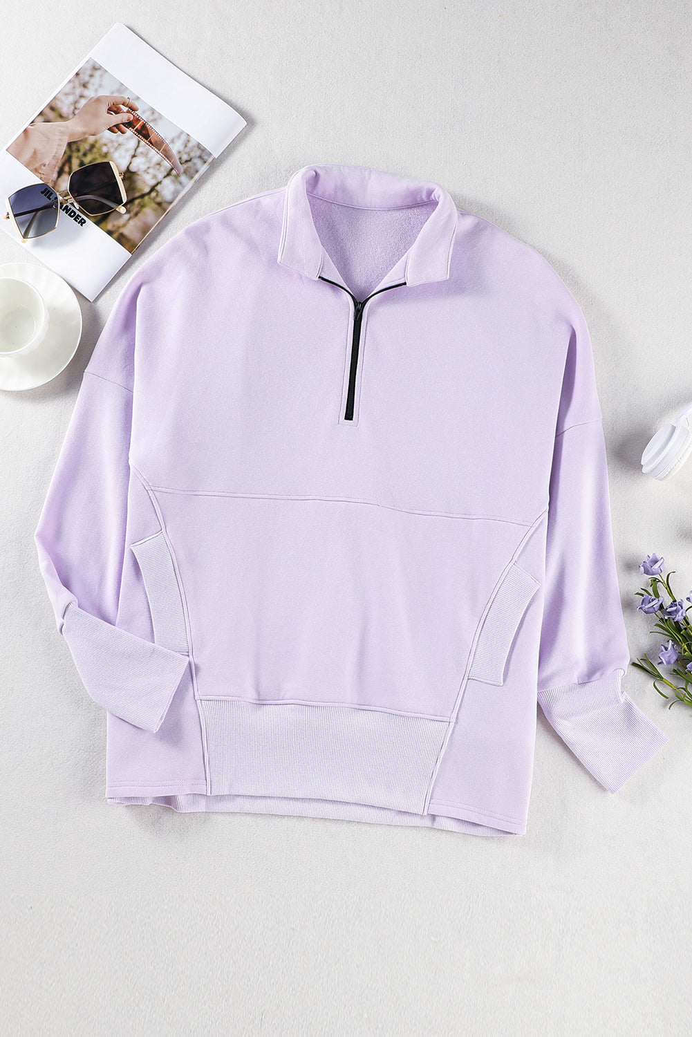 Purple Oversized Quarter-Zip Pullover Sweatshirt