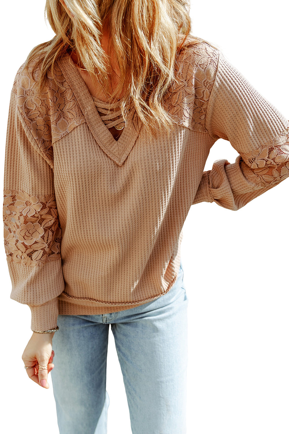 Pink Lace Waffle Patchwork Strappy V Neck Long Sleeve Top