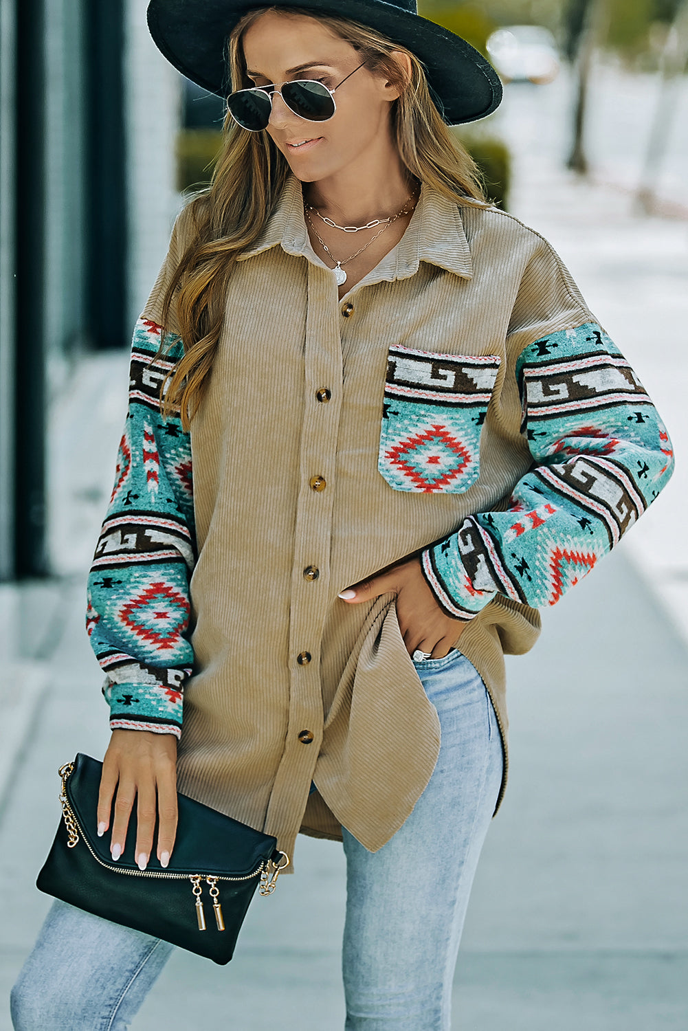 Khaki Aztec Pattern Sleeve Pocketed Corduroy Shacket