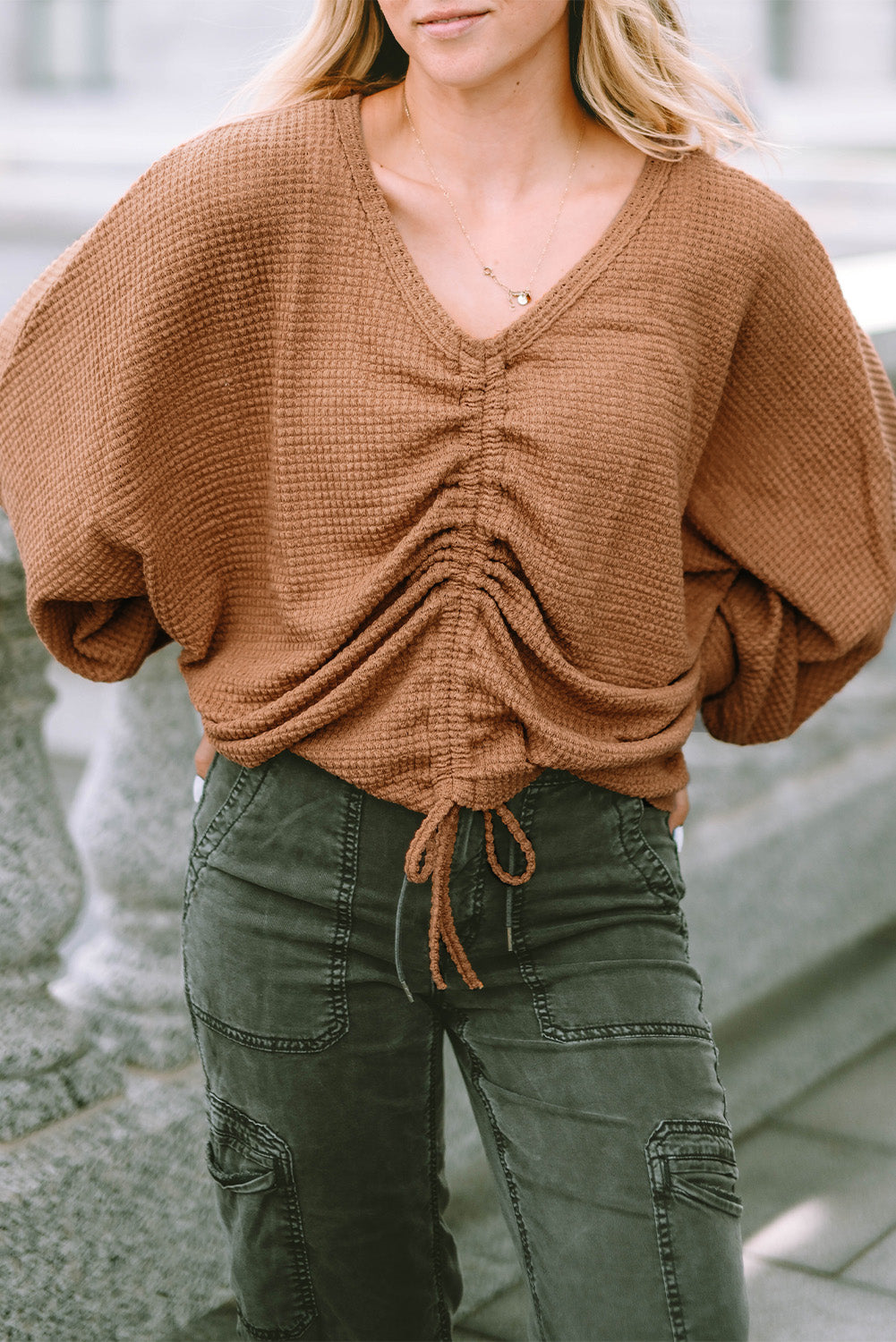 Brown V-Neck Drawstring Dolman Sleeve Waffle Knit Top