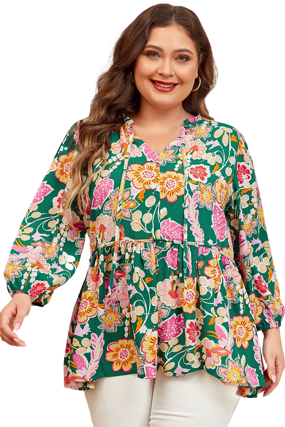 Green Floral Tied V Neck Long Sleeve Plus Size Babydoll Top