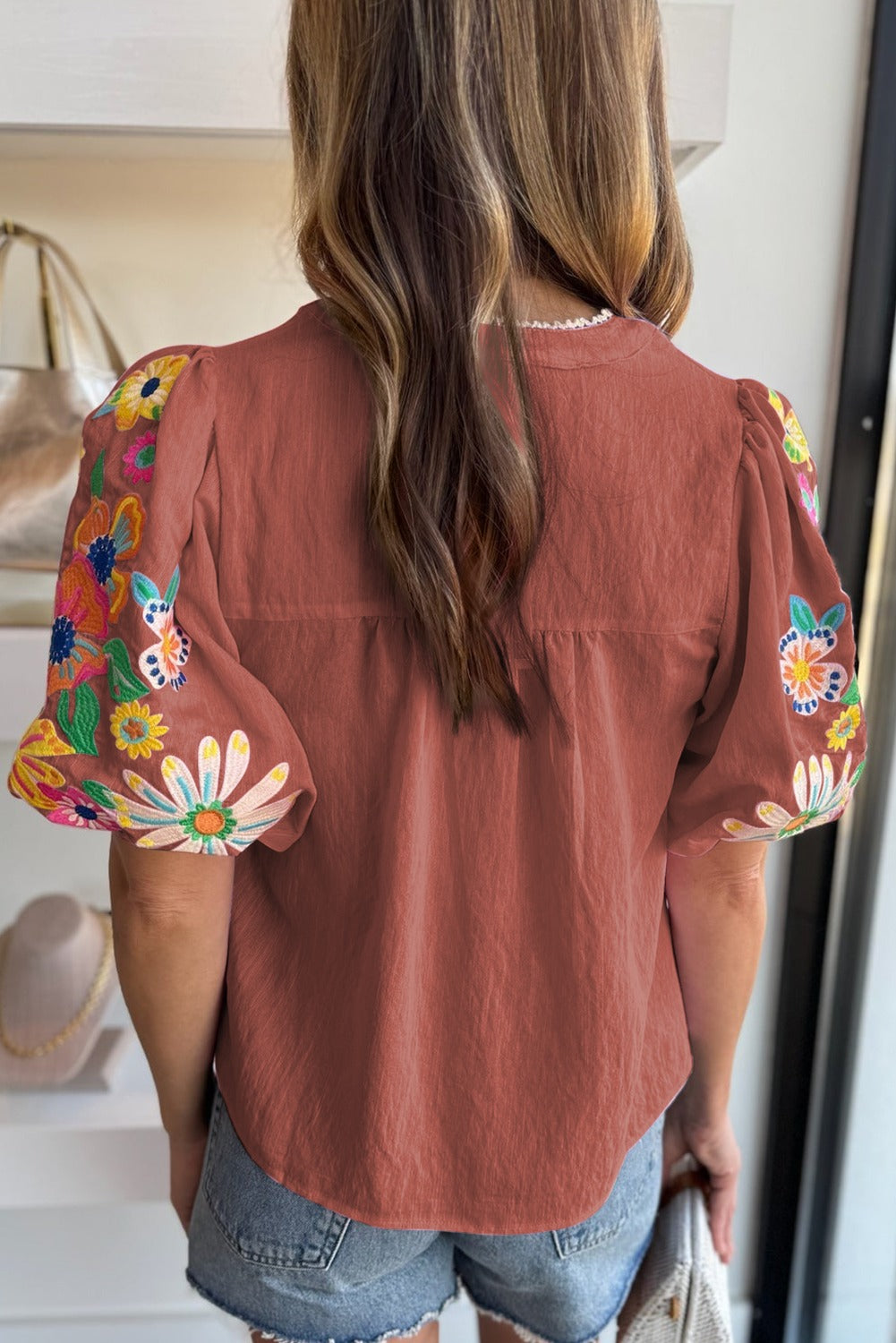 Embroidered Floral Puff Sleeve Split Neck Blouse