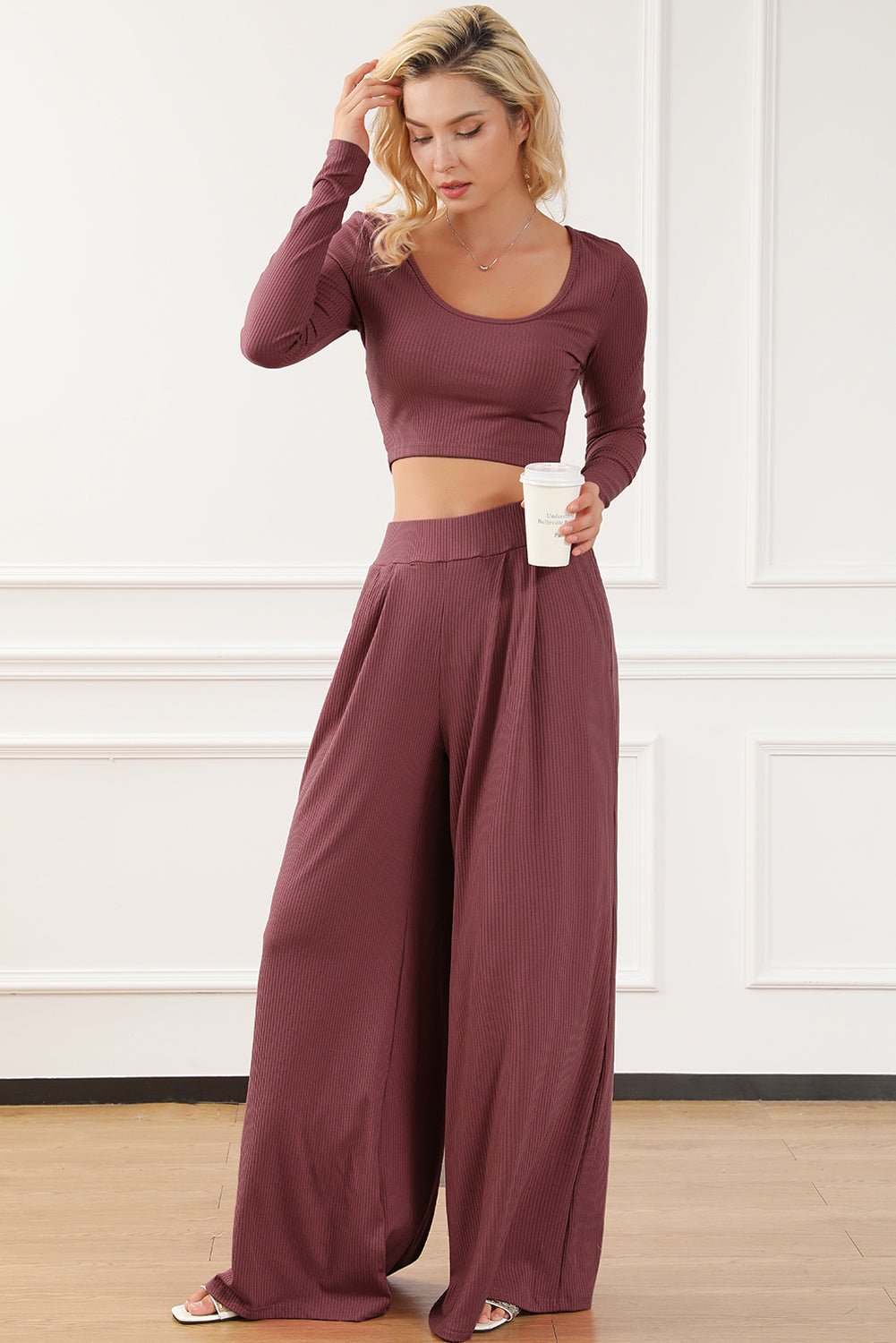 Gray Solid Color Ribbed Crop Top Long Pants Set