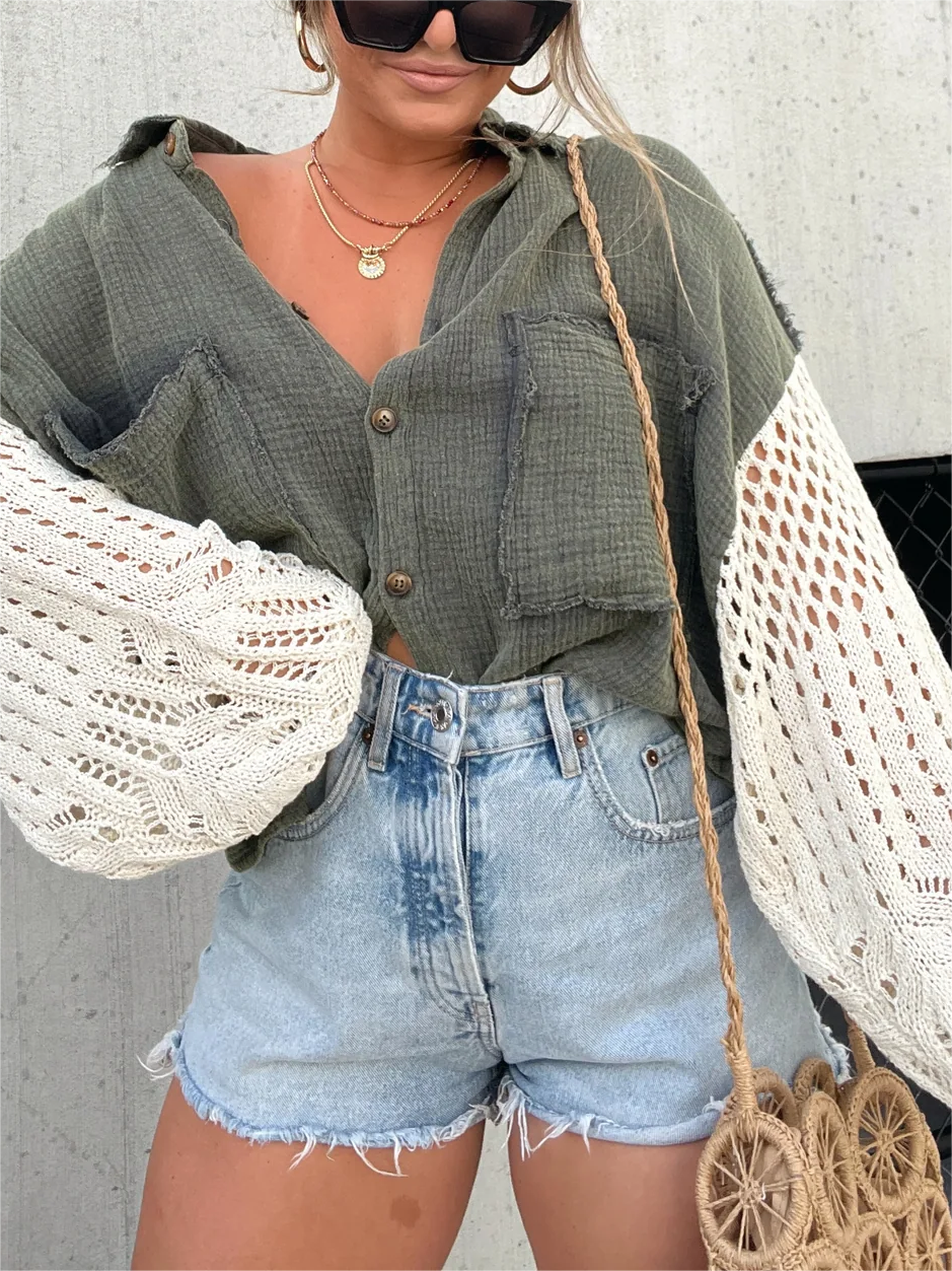 Boho Crochet Sleeve Shacket