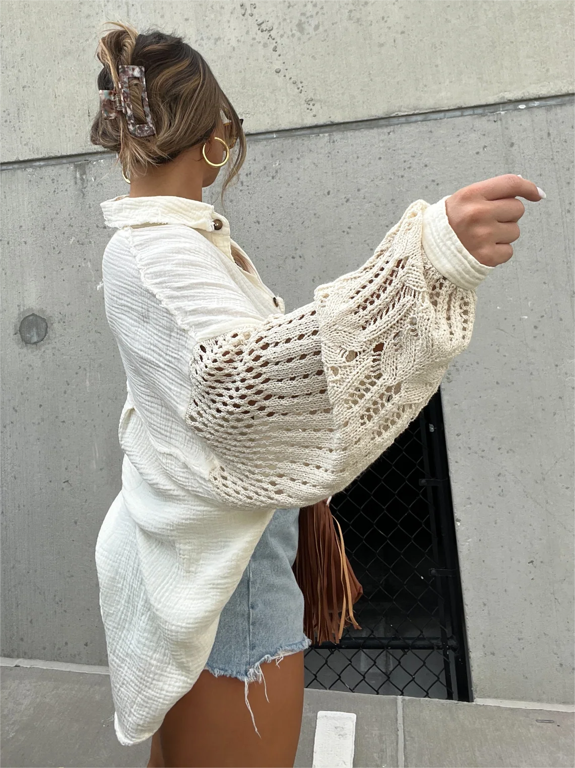 Boho Crochet Sleeve Shacket