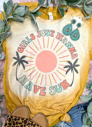 Girls Just Wanna Have Sun Mustard Bleached Tee