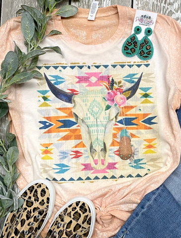 Southwestern Aztec Skull Peach Bleached Tee