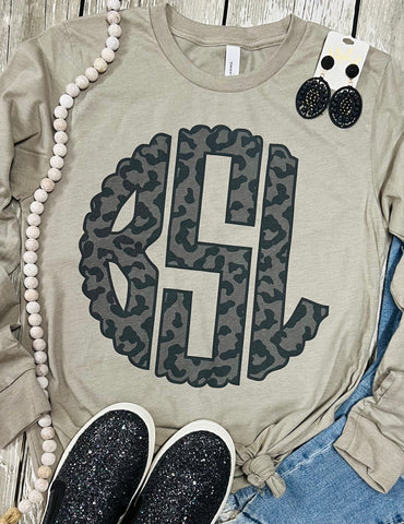 Black with Grey Leopard Monogram Stone Grey Long Sleeve Tee