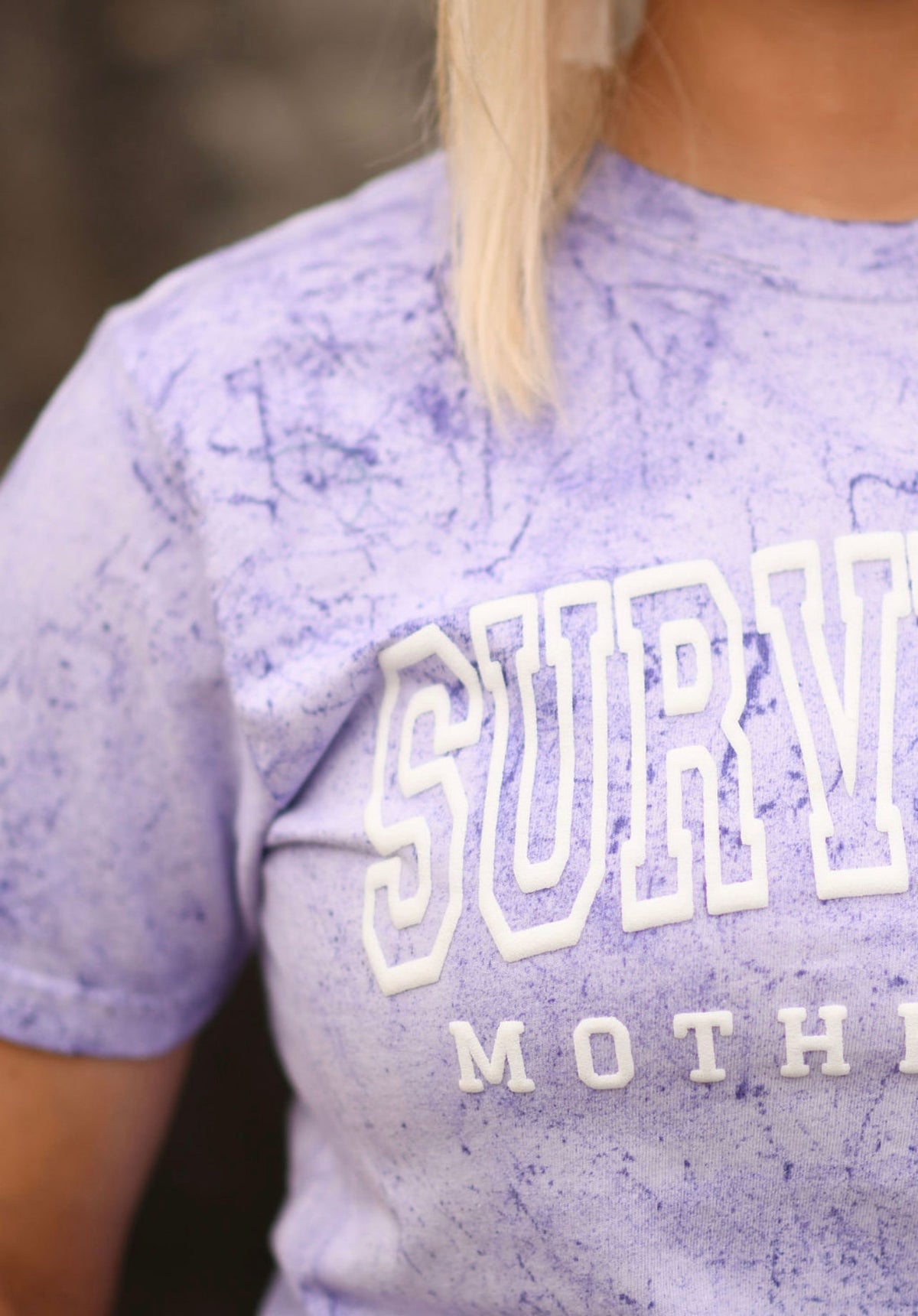 *PUFF* Surviving Motherhood White Puff Outline on Amethyst Comfort Colors Tee