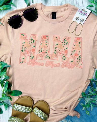 Floral Coral Custom Name Peach Tees