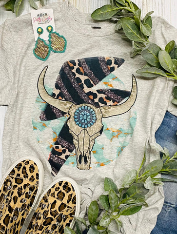 Turquoise Cow Skull Grey Tee