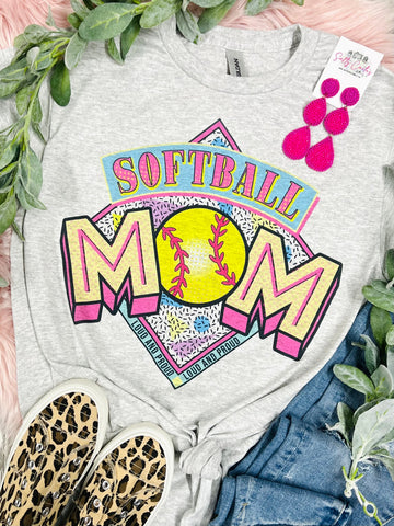 Softball Mom Neon Colors Grey Tee