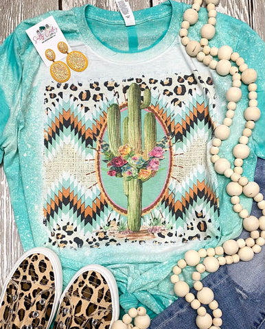 Tribal Leopard Cactus Seafoam Bleached Tee