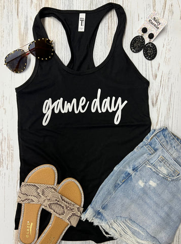 *PUFF* Game Day Cursive Black Racerback Tank