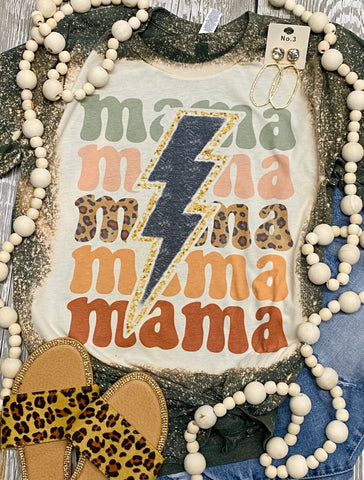 Mama Leopard Bolt Forest Green Bleached Tee