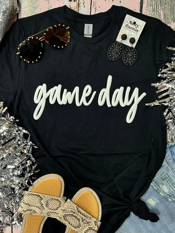 *PUFF* Gameday Cursive White Puff on Black Gildan Tee