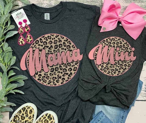 *DTG* MAMA/MINI Leopard and Pink Circle Dark Grey Tees