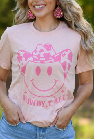 *RTS 10-12 BUS DAYS* Howdy Yall Pink Smiley Peach Tee