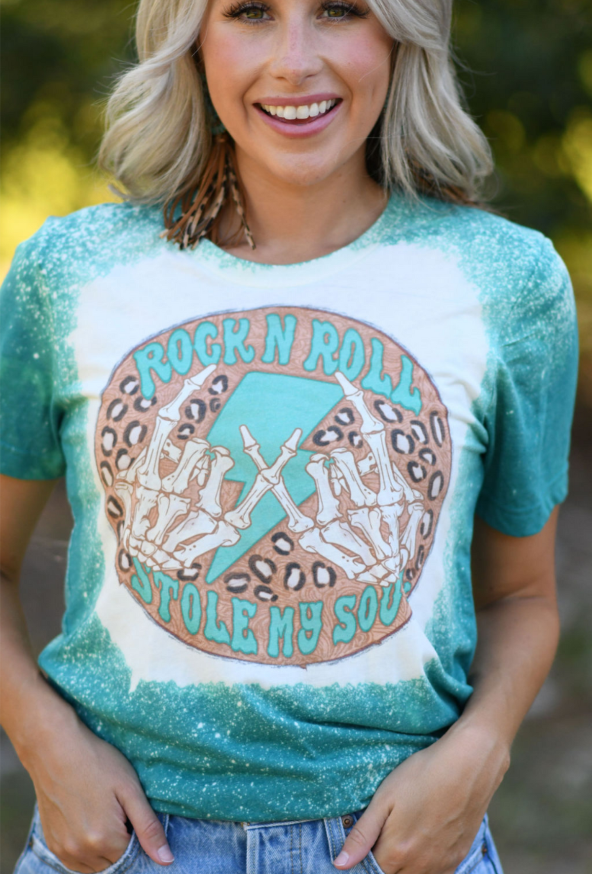 Rock n Roll Stole My Soul Teal Bleached