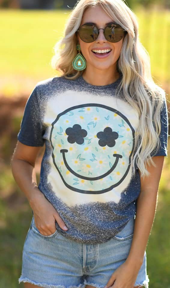 Smiley Daisy Flower Navy Bleached Tee