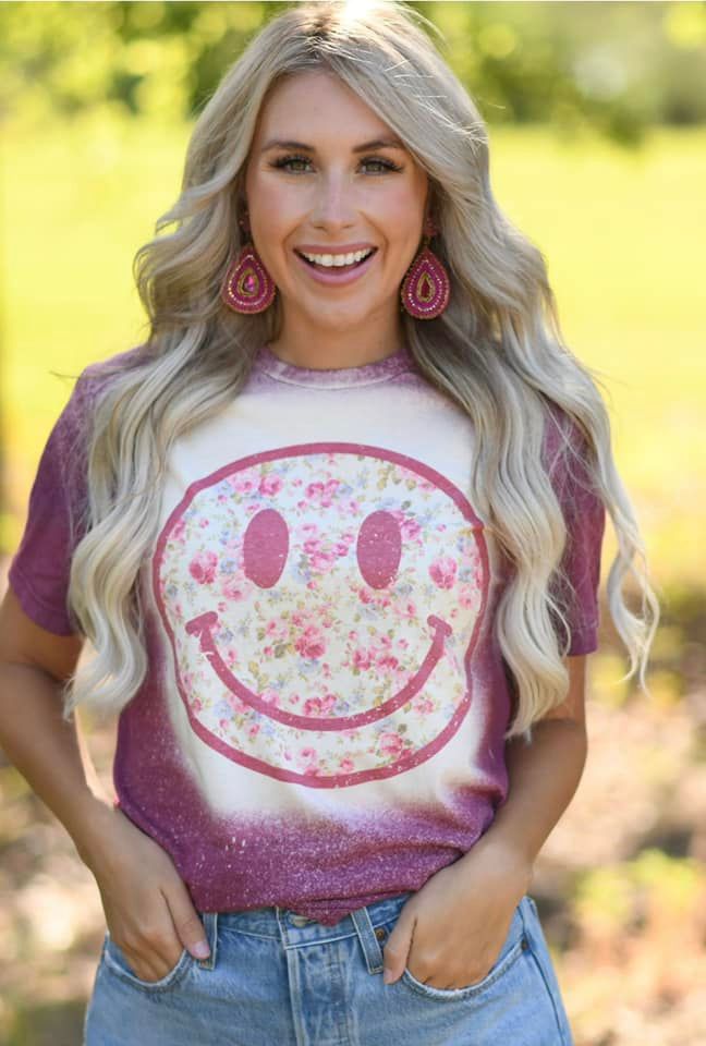 Kids Smiley Maroon Flowers on Dark Grey Bleached Tee