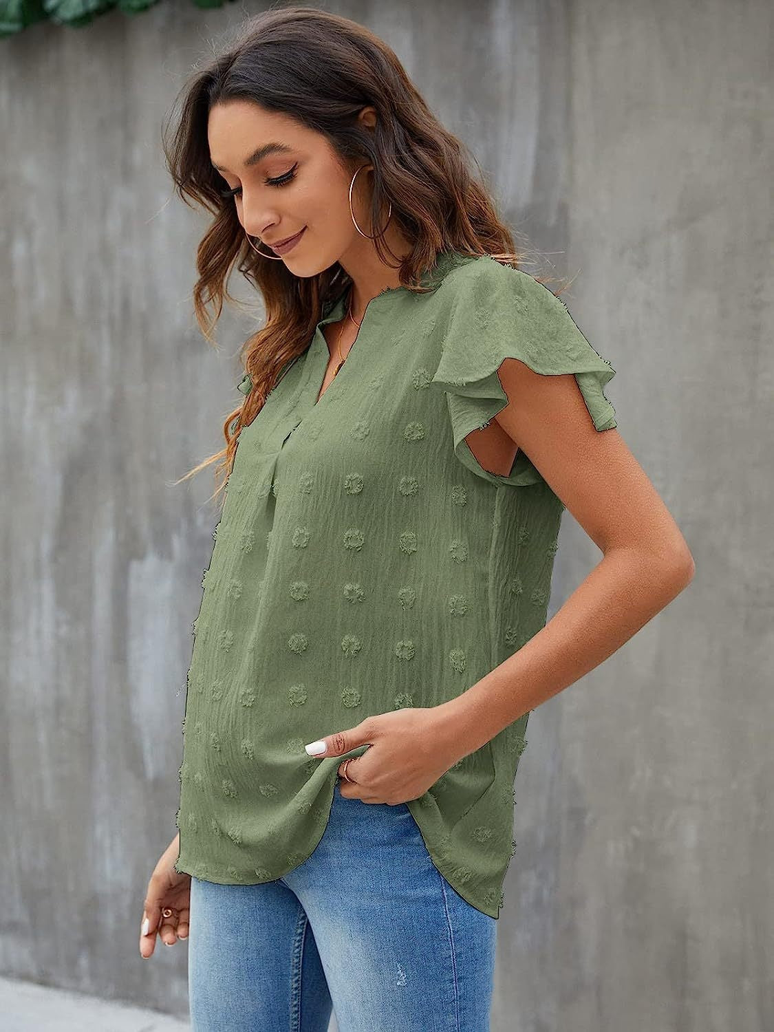 Swiss Dot Notched Cap Sleeve Blouse