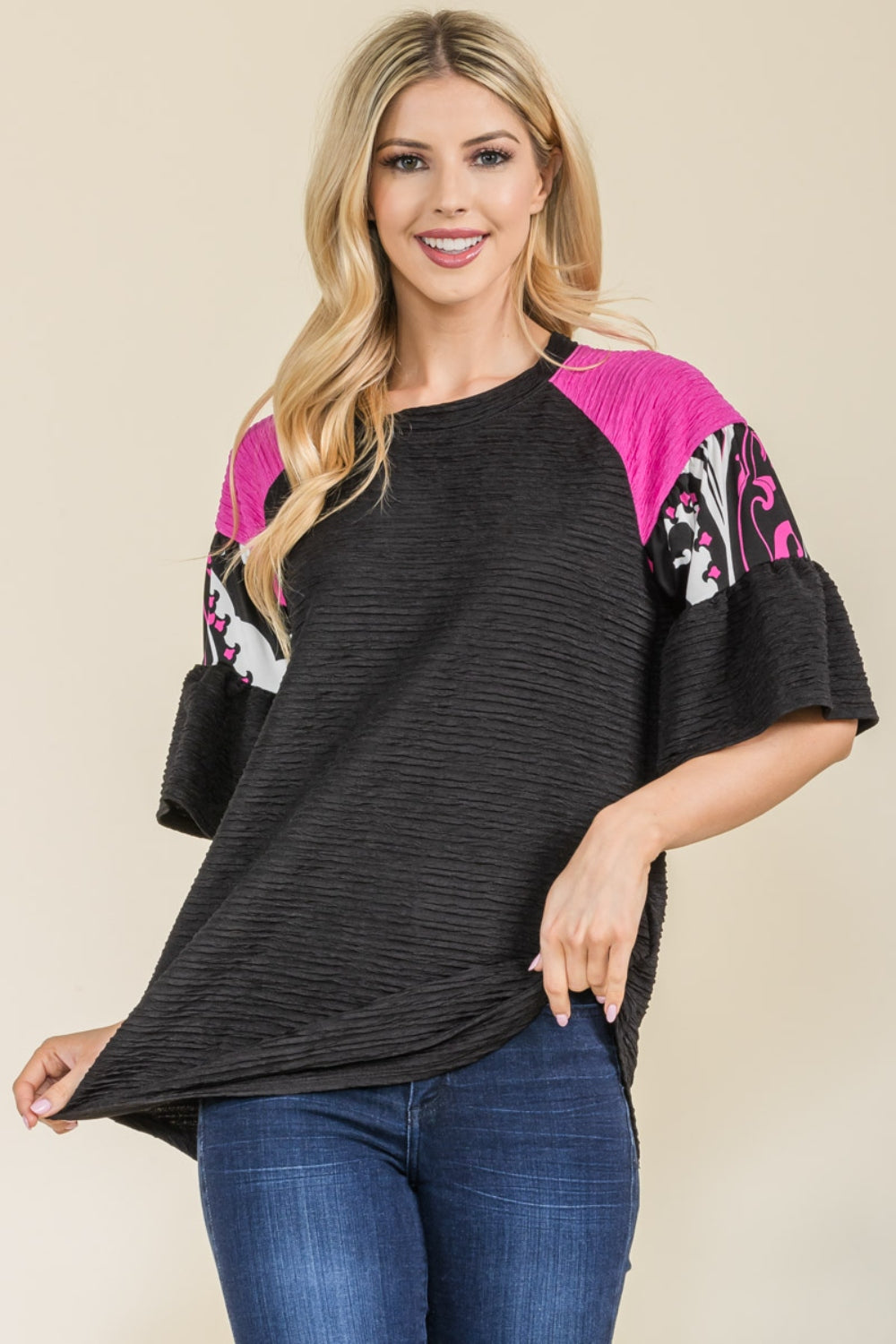 Texture Printed Color Block Top