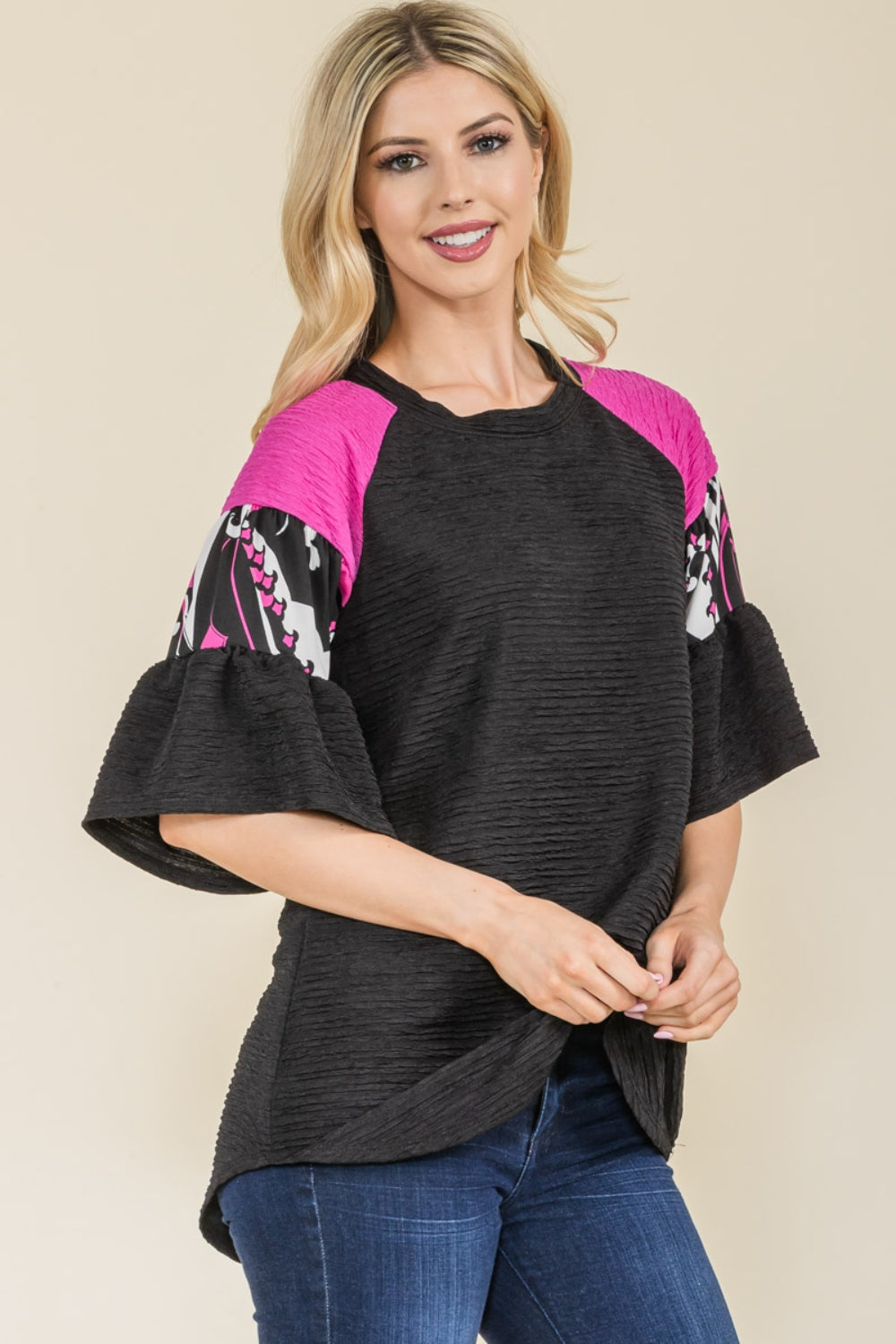 Texture Printed Color Block Top