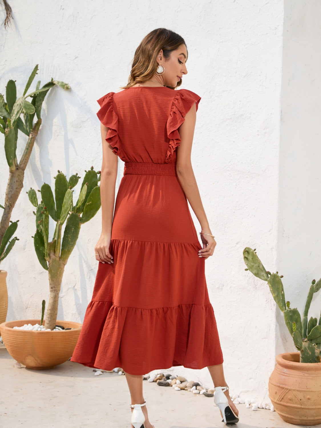 Tiered Ruffled V-Neck Cap Sleeve Dress