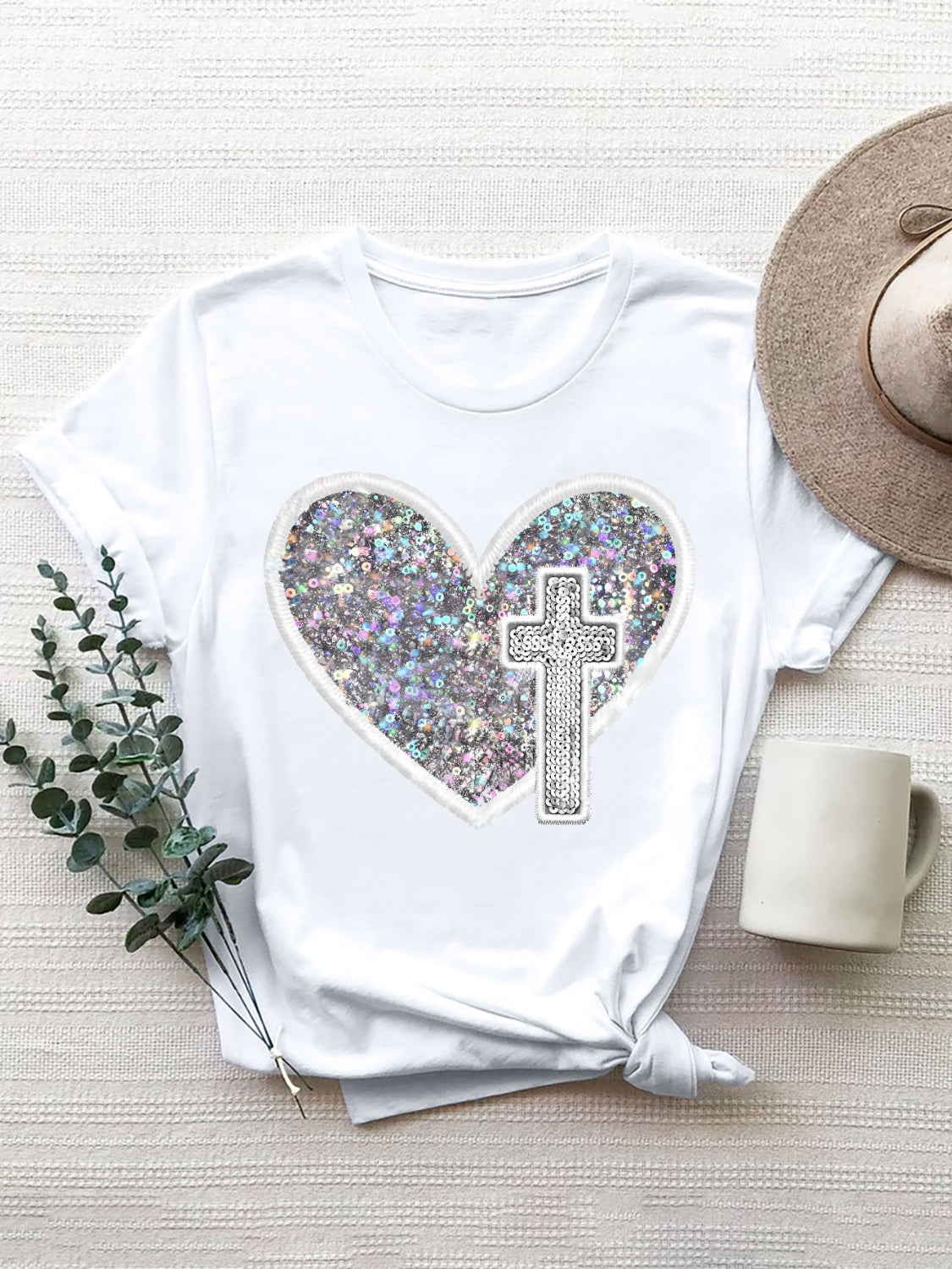 Sequin Heart Round Neck Short Sleeve T-Shirt