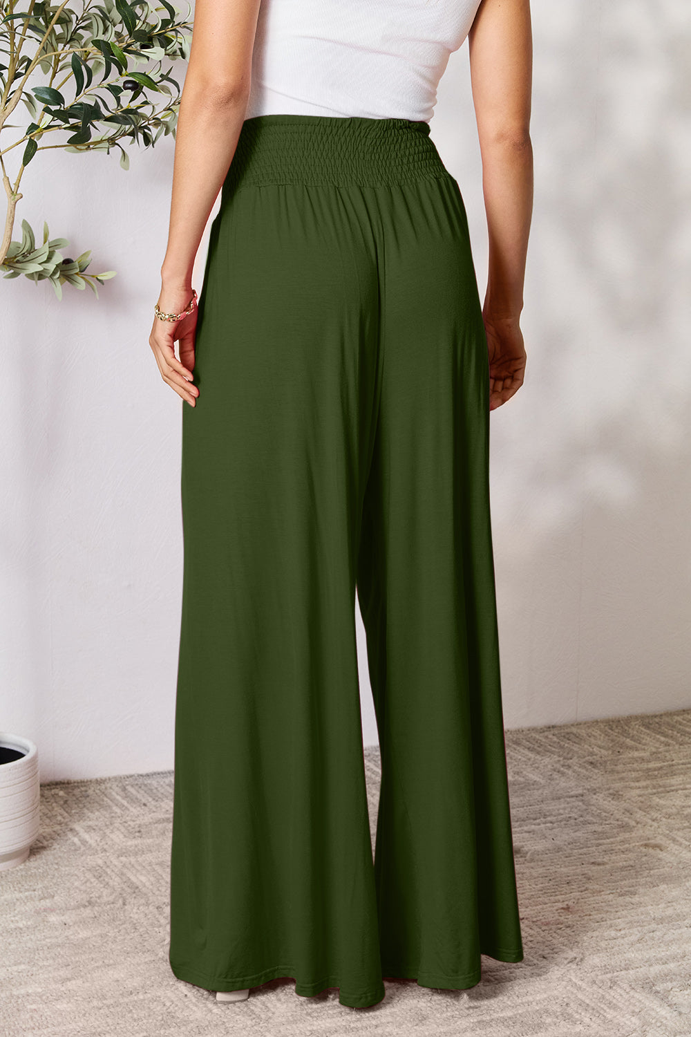 Smocked Wide Waistband Wide Leg Pants