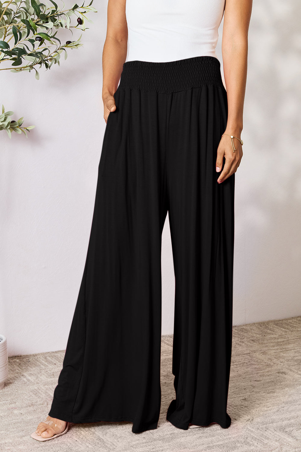 Smocked Wide Waistband Wide Leg Pants