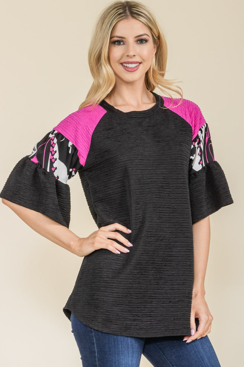 Texture Printed Color Block Top