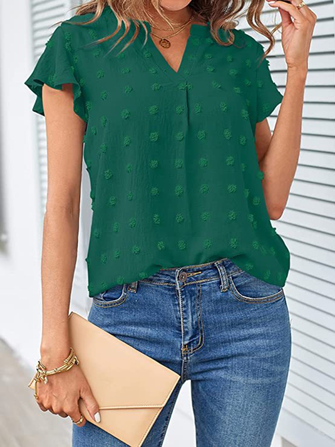 Swiss Dot Notched Cap Sleeve Blouse